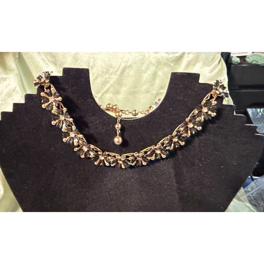 Gold Tone Black Crystal Floral Statement Necklace Adjustable 16-18" Vintage Look